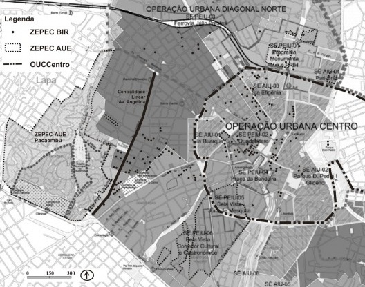 Plano Regional Estratégico – Subprefeitura da Sé. Mapa 5 - Desenvolvimento Urbano. Sobreposição de ZEPECs, AIU, PEIU e Operações Urbanas. ZEPEC/BIR (imóveis isolados); ZEPEC/AEU-Bela Vista (Bexiga) com PEIU-Corredor Cultural e Gastronômico; PEIU-Monumenta