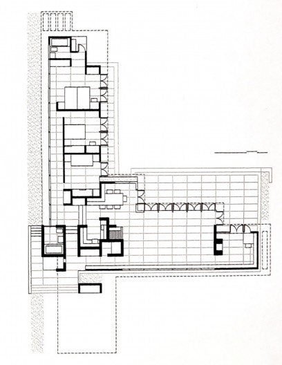 Frank Lloyd Wright, Casa Rosenbaum, Florence-Alabama, 1939, em que se nota o posicionamento estratégico de um núcleo composto por cozinha e lareira à entrada da casa