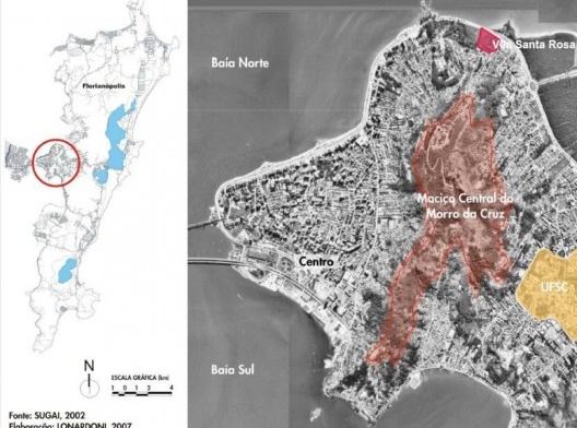 Mapa recorte da área central de Florianópolis, destacando-se a localização da vila Santa Rosa (estudo de caso), o Maciço Central do Morro da Cruz (onde há grande concentração de assentamentos informais) e a Universidade Federal de Santa Catarina