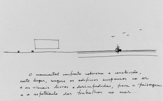 Cais das artes, Enseada do Suá, Vitória ES Brasil, 2007, em curso. Croquis n°1. Papel e madeira, caneta preta sobre feutro, 21x29,7 cm