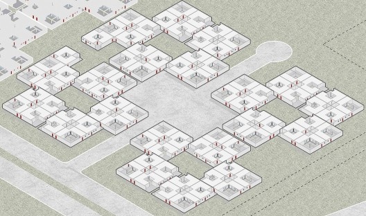Agrupamento geral: grupos primários de quatro unidades; clusters menores (vinte casas ao redor de um pátio); e clusters maiores (oitenta casas conformando uma plaza)