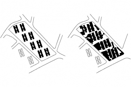 Figura 1. Quadra multifamiliar – Conjunto COHAB Curado 3. Acima, como projetado; abaixo, quadra modificada (cf. Monteiro, 2000)