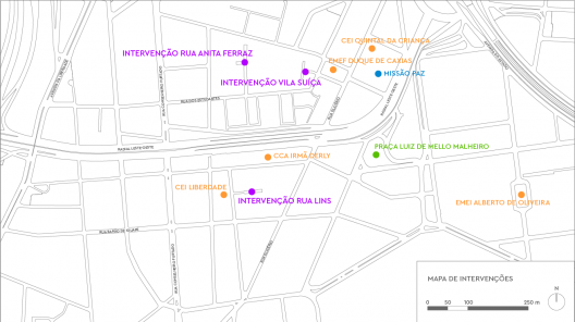 Mapa de intervenções com destaque para instituições parceiras do CB e a Praça Luiz de Mello Malheiro