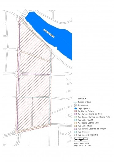 Mapa de delimitação da área de estudo e vias contempladas