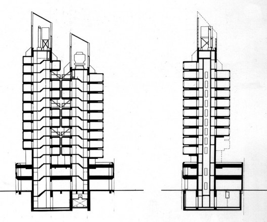 Kisho Kurokawa. Torres Cápsula Nakagin, planta e cortes, Tóquio, 1970-72