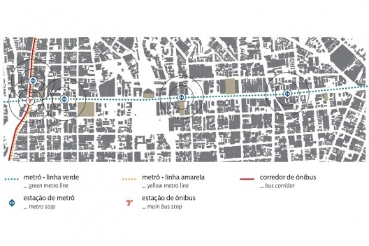 Sede do Instituto Moreira Salles, diagrama da localização do transporte público, São Paulo. Arquitetos Vinicius Andrade e Marcelo Morettin