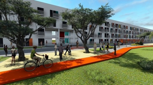 Simulação da ciclovia junto ao parque linear, praça de convivência e Tipologia habitacional Térreo + 3 pavimentos com trecho em pilotis com pé direito duplo.