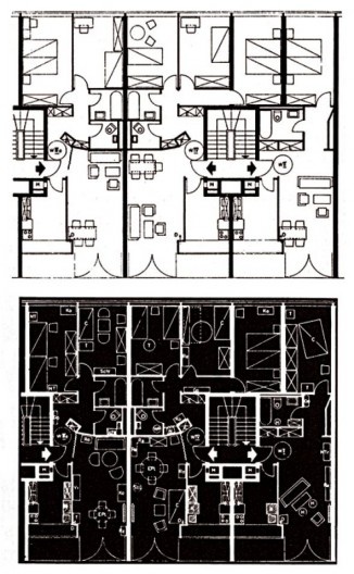 Conjunto Habitacional Hansaviertel, Berlim, 1958-1959. Arquiteto Oscar Niemeyer. À esquerda, organização original do mobiliário; à direita, organização atual do mobiliário