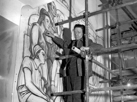 Diego Rivera trabalhando em seu mural, Rockefeller Center, 1934. Arquiteto Raymond Hood