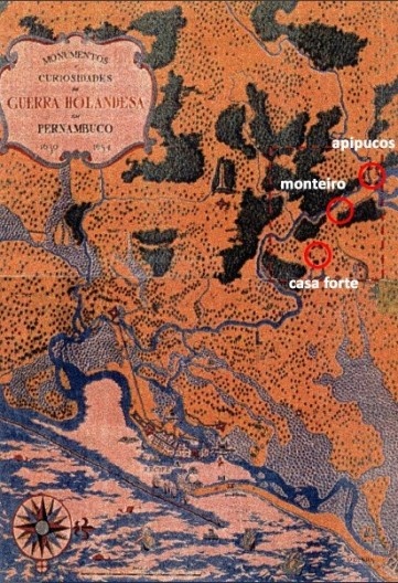 Mapa com a localização aproximada dos engenhos de Casa Forte, Monteiro e Apipucos