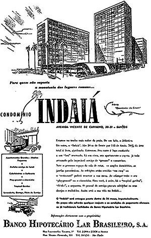 O Material publicitário do BHLB, que assinala a presença de empreendimentos desse Banco em municípios, como Santos, no Estado de São Paulo