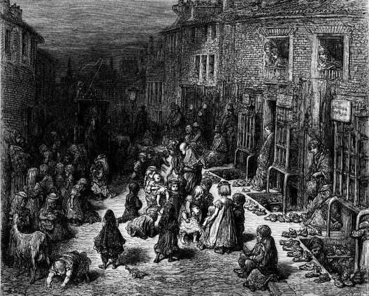 Cena urbana de Londres, 1872, gravura de Gustave Doré