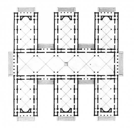 J.N.L. Durand, Planta para Edifício com Sete Blocos, 1802. Esquema “espinha“ típico que apresenta enorme flexibilidade de uso, podendo abrigar muitos programas diferentes