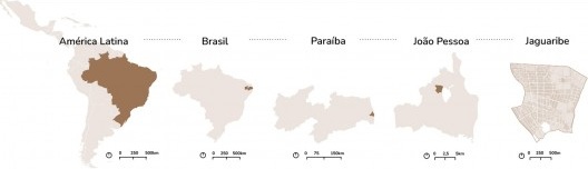 Mapa de localização do bairro de Jaguaribe na cidade de João Pessoa, desta cidade na Paraíba, deste estado no Brasil, e do Brasil na América Latina