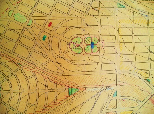 Estudo para Cianorte: detalhe dacomposição de praças e vias convergentes. Projeto do engenheiro civil Jorge de Macedo de Vieira (Politécnica de São Paulo), de 1953