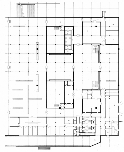 Planta baixa original de Mies van der Rohe para o subsolo da Neue Nationalgalerie