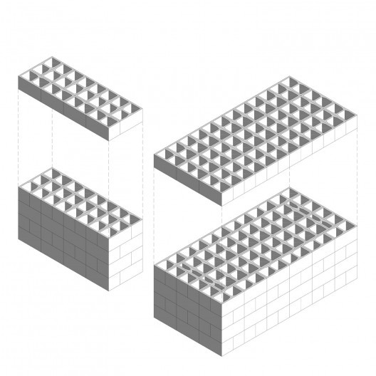 Sede de uma Fábrica de Blocos, diagrama aparelhamento dos blocos, Avaré SP Brasil, 2015. Arquitetos André Nunes, Anna Juni, Enk te Winkel e Gustavo Delonero (autores) / Vão Arquitetura