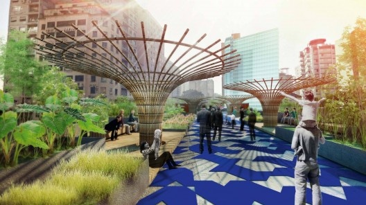 Projeto de criação do Parque Minhocão, estruturas de bambu dispostas no parque: mais sombra para os pedestres