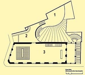 Projeto de restauro - Planta baixa - nível 01 1. Mirante 2. Praça 3. Salão
