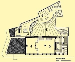Projeto de restauro - Planta baixa - nível 02 1. Jardim externo 2. Bar 3. Cozinha 4. Administração 5. Exposição