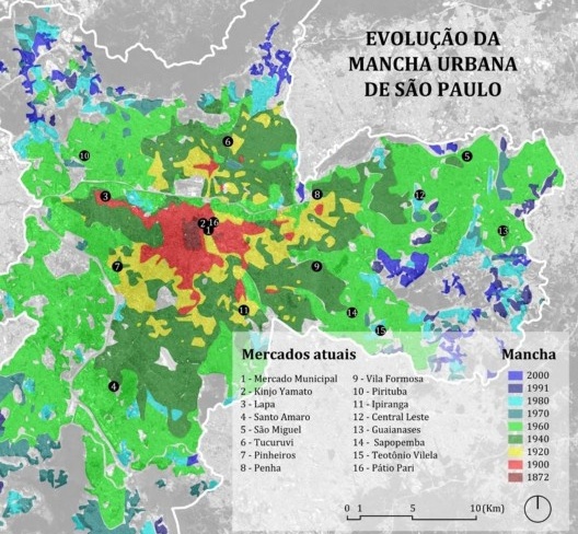 Evolução da Mancha Urbana de São Paulo (1872-2000), com a localização dos mercados municipais em 2019
