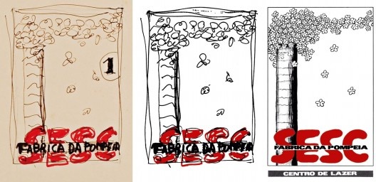 Logotipo do Sesc Pompeia, estudo para Jornal Sesc Fábrica da Pompeia, design Lina Bo Bardi, 1982; logotipo do Sesc Pompeia (limpo) em um estudo de Lina para o Jornal Sesc Fábrica da Pompeia, 1982; logotipo do Sesc Pompeia finalizado, design Lina Bo Bardi