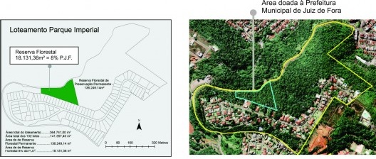 Planta do loteamento Parque Imperial e imagem atual da região com destaque da área doada à PJF