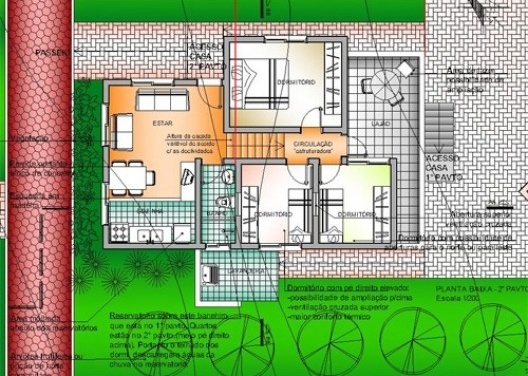 Planta baixa. Áreas molhadas setorizada e abaixo do reservatório o que garante economia. O corredor estrutura a casa e ainda permite uma última abertura para o terraço, que pode se tornar uma das áreas a ser ampliada