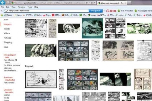 Tela de resultados da busca no Google Imagens para a entrada “ridley scott storyboards”
