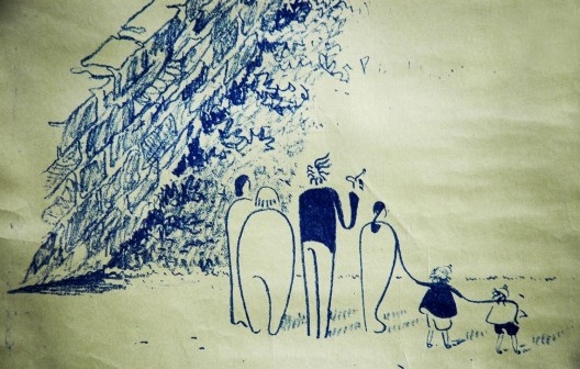 Detalhes da perspectiva de Brusque, com desenhos de Dominikus, Gottfried, Elisabeth, Stephan e Markus Böhm. É uma característica do arquiteto identificar suas perspectivas – assinatura artística – com figuras familiares observando sua obra recém criada