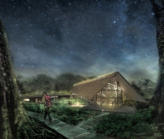 Napo Cultural Center, maquete eletrônica, Comunidade Kichwa Añangu, Parque Yasuní, Província de Orellana, Equador, 2019. Arquitetos Paula Izurieta e Gabriel Moyer-Pérez / Caá Porá