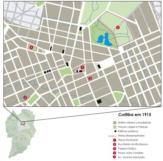Principais intervenções realizadas na área central pela CMC, entre 1913 e 1915