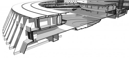 Seção transversal em 3D, passando pelo anel externo, semicírculo Leste: laje dupla suavizada pela inclinação nas extremidades