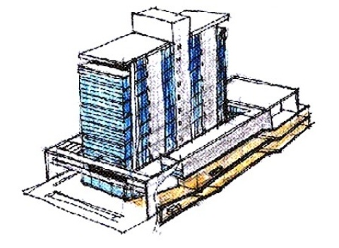Nova Sede da AACRT – Associação dos Aposentados da Companhia Riograndense de Telecomunicações, croquis da volumetria. Moojen & Marques Arquitetos Associados + Arquiteto Cláudio Ferraro, 2008