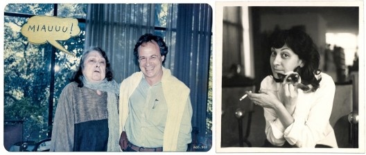 Lina Bo Bardi e Victor Nosek, arte de Miguel Paladino sobre foto de Juvenal Pereira, 1990; Lina com gato