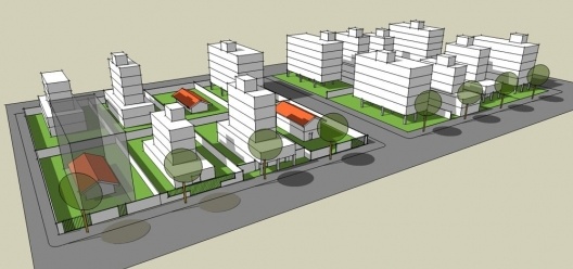 Fig. 3 – A substituição e indução de variedade tipológica na cidade brasileira: um exemplo de resultados morfológicos possíveis a partir da aplicação de um mesmo conjunto de parâmetros urbanísticos. A ocupação máxima está indicada no volume translúcido