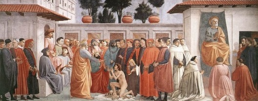 La resurrezione del figlio di Teófilo e San Pietro in cattedra, pintura começada por Masaccio (1427) e concluída mais tarde por Filippino Lippi