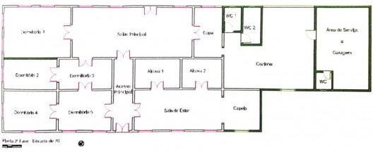 Planta da casa com banheiro dividido em lavabo e local de banho, década de 1970