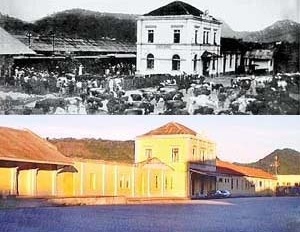 Acima: Largo da Estação Férrea de Santa, concluída em 1899, em imagem de 1914 quando da Exposição Agro-industrial. Abaixo: O Largo com a estação depredada em imagem de 2002.