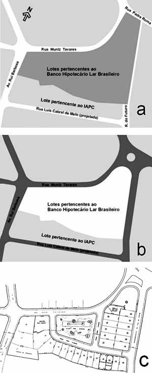 Figura 1. a) Situação inicial, com terreno de propriedade do Banco Hipotecário Lar Brasileiro. b) Arruamento proposto pela Prefeitura da Cidade do Recife c) Loteamento aprovado, projeto de Borsoi