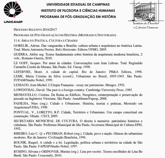 Edital de convocação de exame de seleção para alunos do mestrado e doutorado em História da Universidade de Campinas em 2016/2017