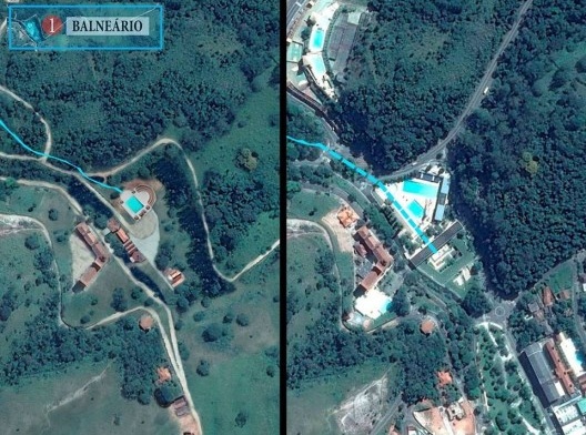 Imagem aérea aproximada para comparação da região das termas em meados de 1950 à esquerdas e no período atual à direita. Edição realizada pelos autores