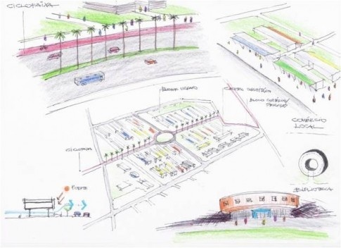 Esquema conceitual do partido e croquis durante a fase criativa