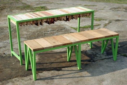 Table and seat made with waste materials from the old pavilions