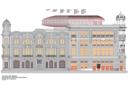 Projeto de "intervenção artística provisória" no edifício REC Cultural, Avenida Rio Branco 23, Bairro do Recife, Recife PE, 15 fev. 2024. Arquiteto José Bernardino Pereira dos Santos Filho