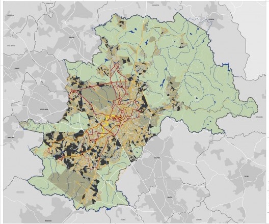 Cartografias do diagnóstico: rede estrutural de mobilidade (ônibus) e vazios urbanos contíguos à área urbanizada