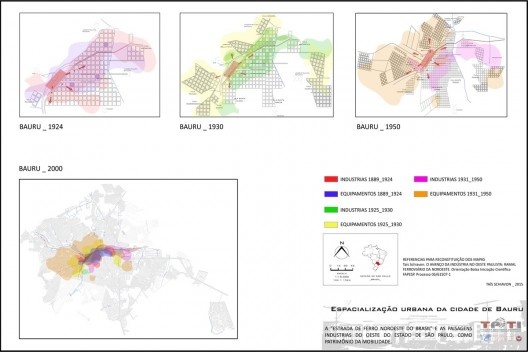Espacialização urbana da cidade de Bauru. A sequência de mapas ilustra as manchas criadas pelo posicionamento industrial e de equipamentos urbanos em decorrência do aumento do traçado urbano da cidade de Bauru