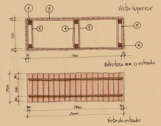 Banco, vista superior do sem o estrado e do estrado separadamente; a numeração é a mesma da lista anterior