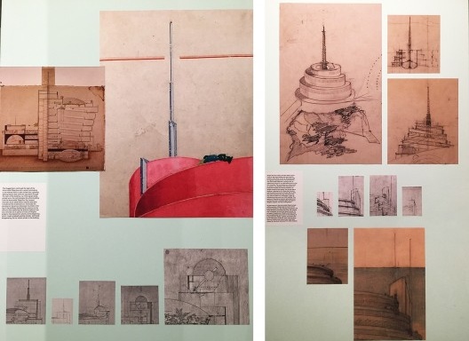 À esquerda, Museu Guggenheim de Nova York, 1943-1959; à direita, The Gordon Strong Automobile Objective, Frank Lloyd Wright, mostra “The Human Insect: Antenna Architectures 1887-2017”