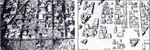 À esquerda, Washington D.C. onde valiosas terras urbanas são destinadas à circulação excessiva e armazenamento de automóveis. À direita, uma representação da mesma área: sem as superfícies pavimentadas, na simulação os edifícios têm pouca ou nenhuma relaç